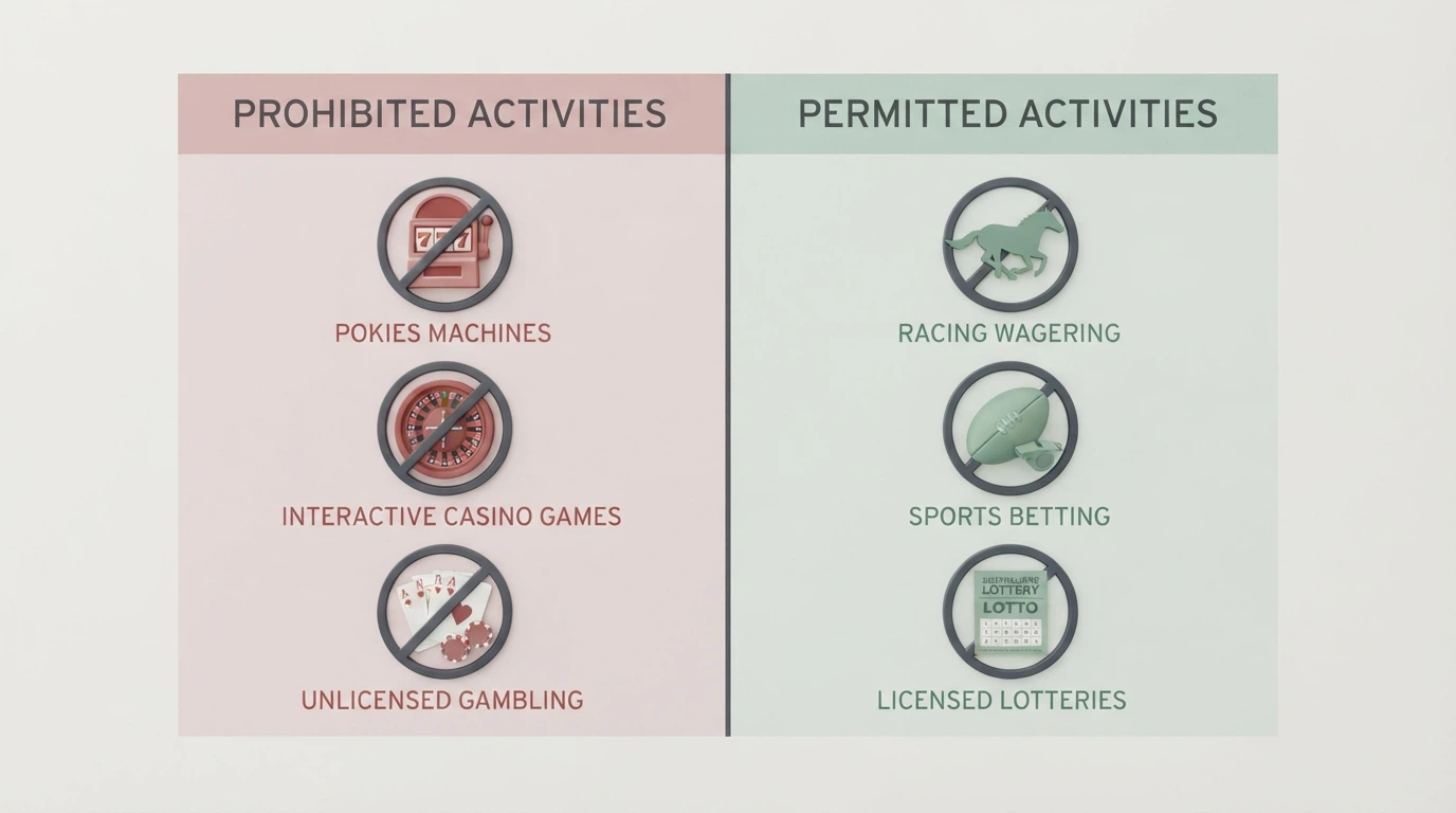 The ACMA logo alongside a simplified visual of the Interactive Gambling Act's structure: prohibited services (online casino, in-play betting, online pokies) on one side, licensed services (pre-event race and sport wagering, lotteries, keno) on the other.