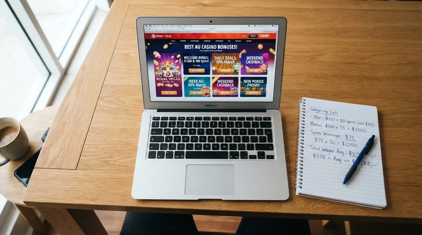An Australian player at a laptop weighing up casino bonus offers, with a notepad showing wagering calculations