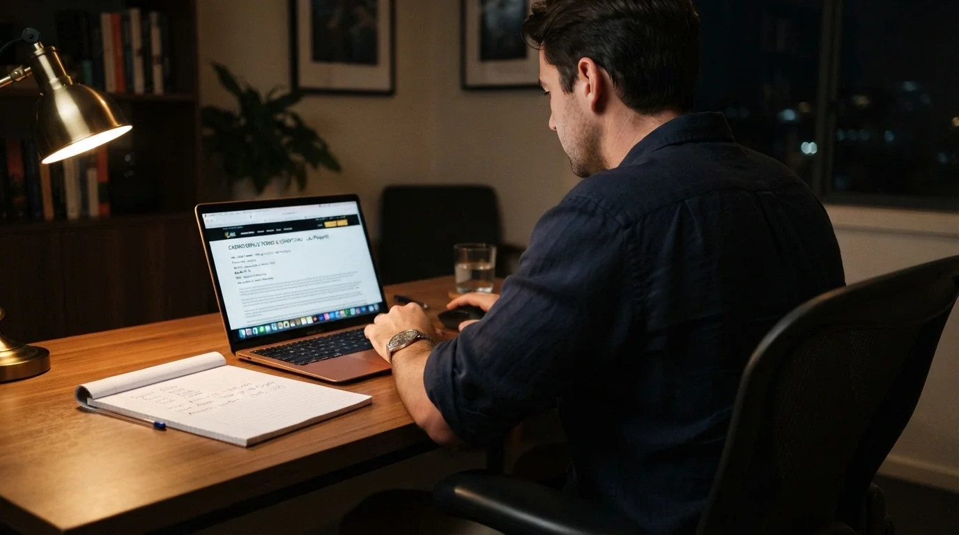 An Australian player sitting at a desk with a laptop open to a casino terms page, a notepad with handwritten calculations visible, and a thoughtful expression — the screen and notepad are in focus, the face softly lit
