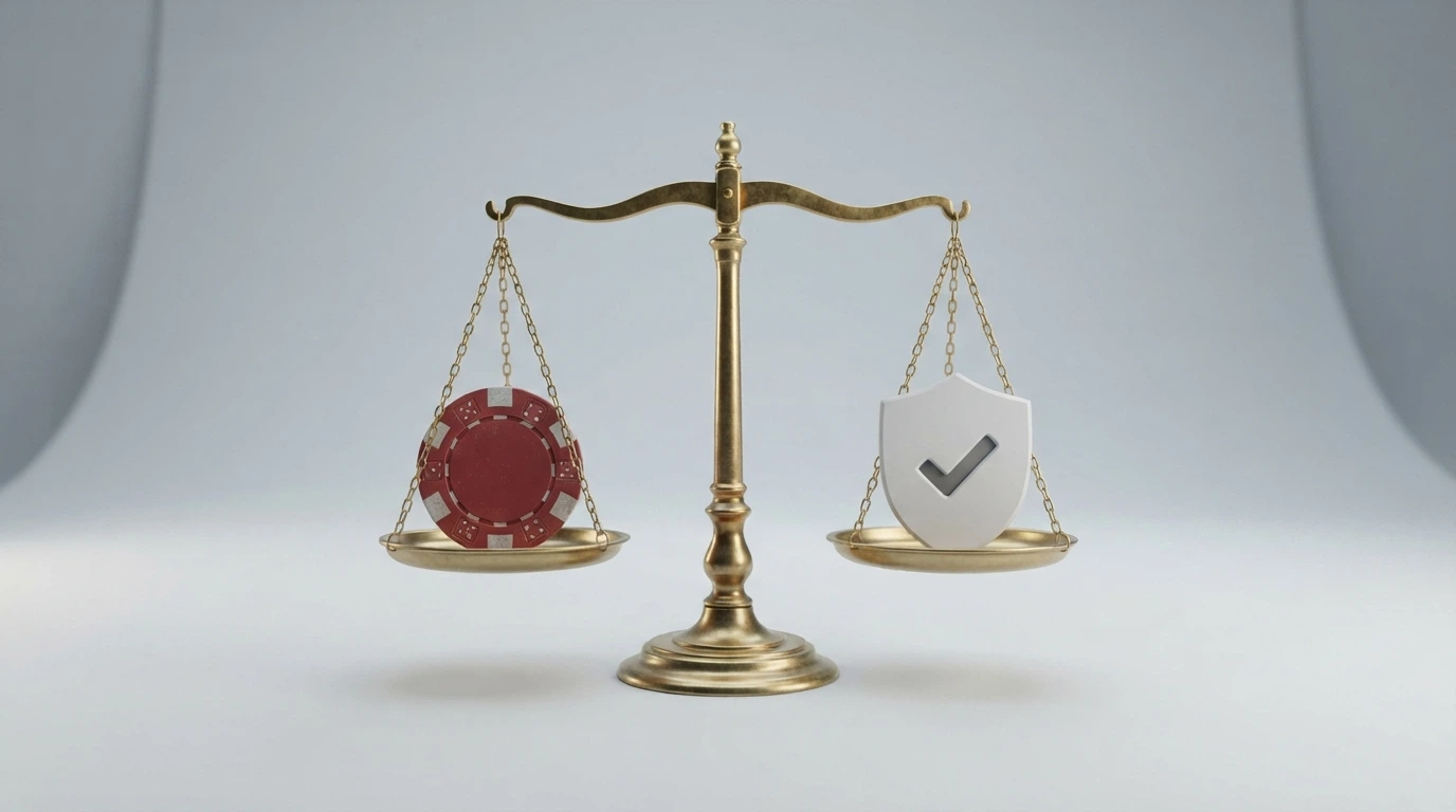 A set of scales balancing a crypto wallet on one side against BetStop, ACMA and Australian Consumer Law logos on the other