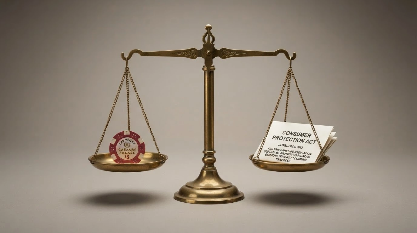 A simple balance scale on a neutral surface — one side holds a single casino chip, the other holds a consumer-protection document bearing the Australian coat of arms
