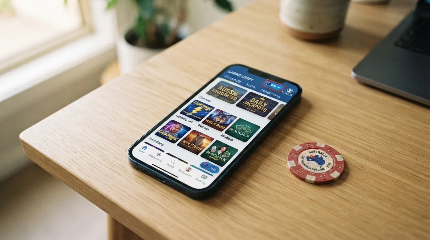 An Australian banknote beside a smartphone showing a casino lobby screen, with AUD account-currency toggle and PayID logo visible on the interface