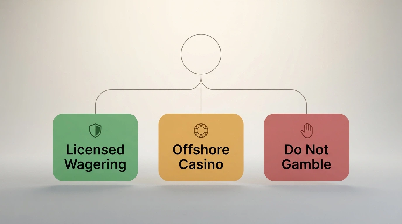 A decision-tree diagram with three branches — play at a licensed Australian wagering service, use an offshore casino, or do not gamble at all — showing the trade-offs of each