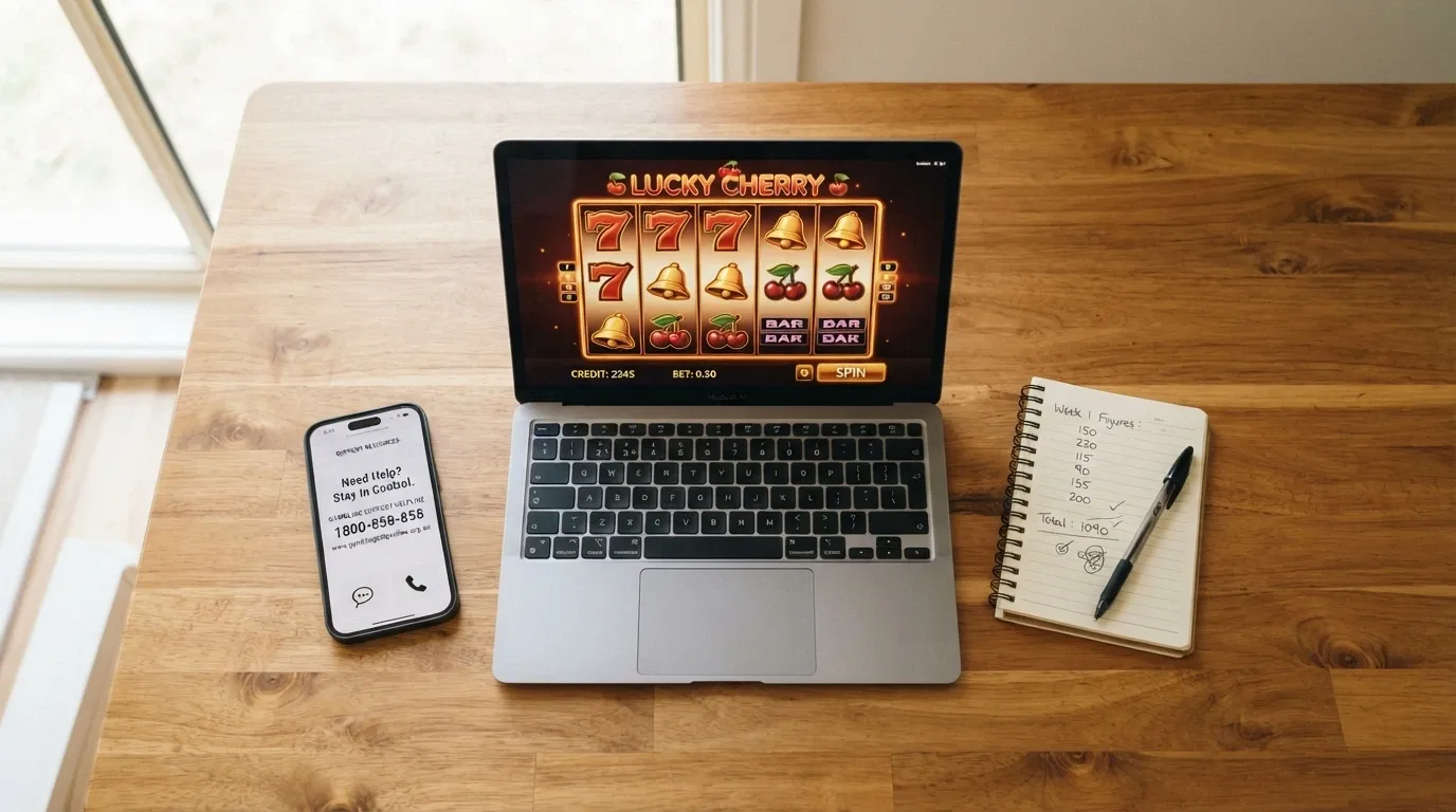 An Australian player's desk setup with a laptop displaying a pokie game, a notepad with figures, and a smartphone showing a support resource