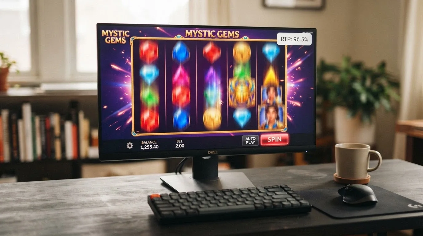 A five-reel online pokie game in play on a desktop browser, showing colourful symbols mid-spin with the RTP percentage overlaid as a callout