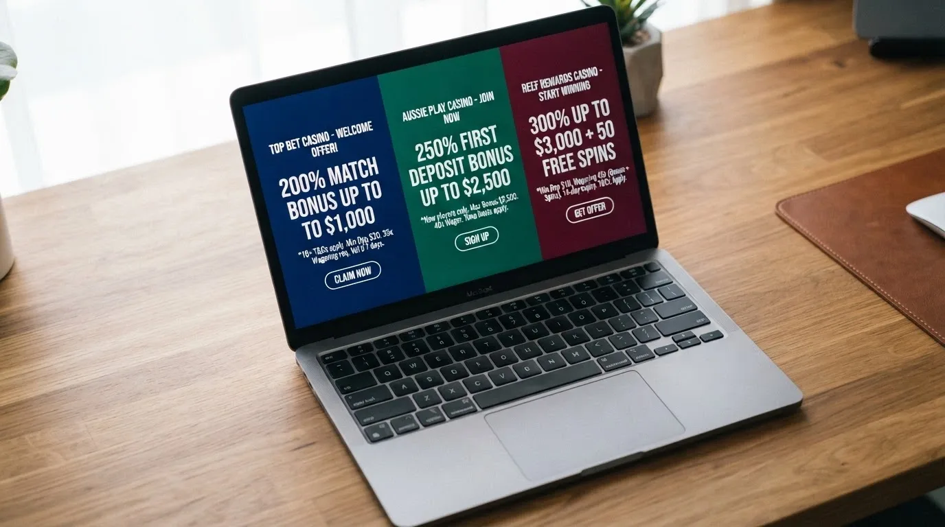 A laptop screen showing three casino welcome-offer banners side by side, with the wagering terms and time-window fine print highlighted beneath each one