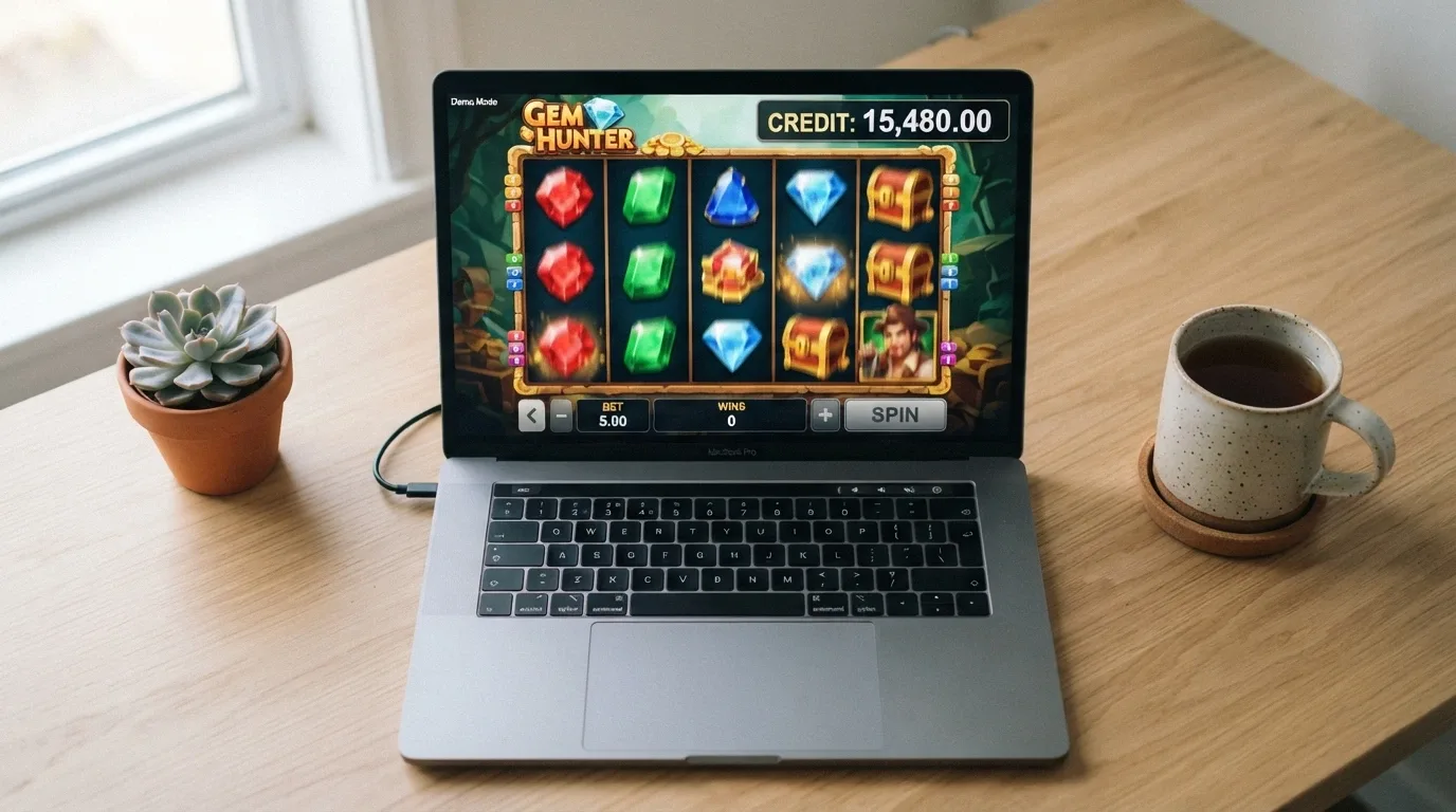 A laptop screen showing a Betsoft slot in demo mode, with a play-money credit balance visible in the corner and no login prompt on screen.