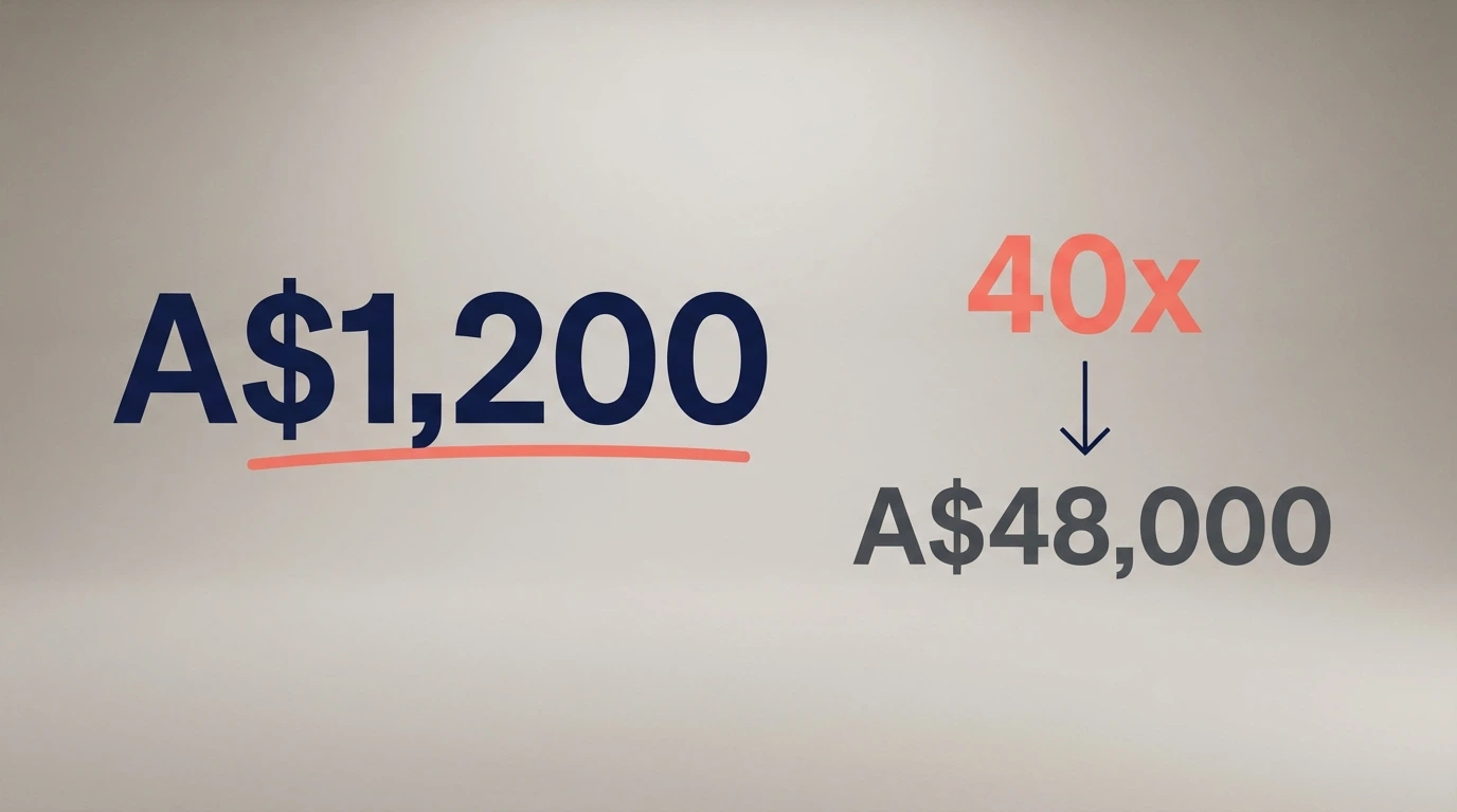 A comparison visual: a large bonus-amount headline with the wagering-multiplier fine print highlighted in a contrasting colour, and the real turnover figure written beside it.