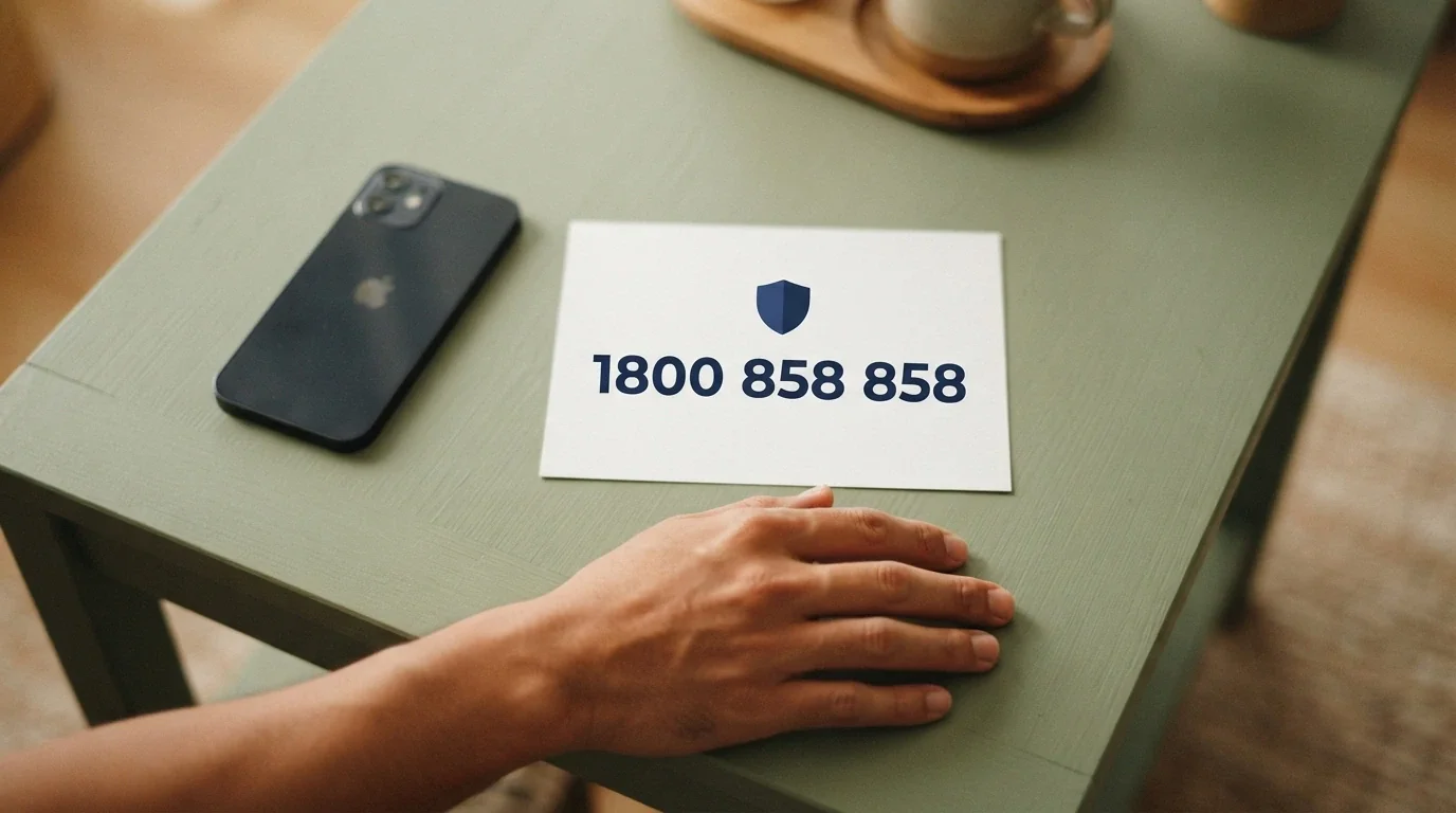 The BetStop National Self-Exclusion Register logo next to the National Gambling Helpline number 1800 858 858 displayed prominently on a calm, supportive-colour background.