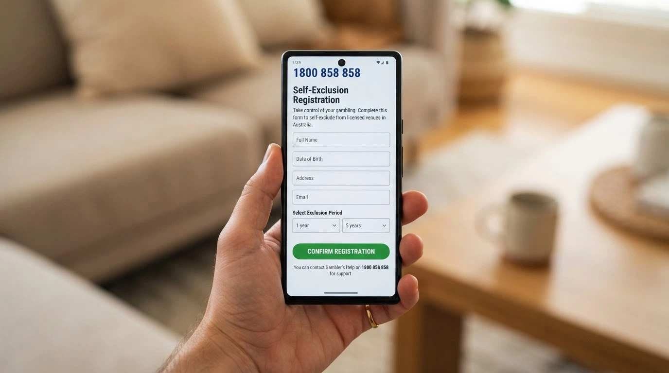 A smartphone screen showing the BetStop registration page or the National Gambling Helpline number 1800 858 858 displayed prominently