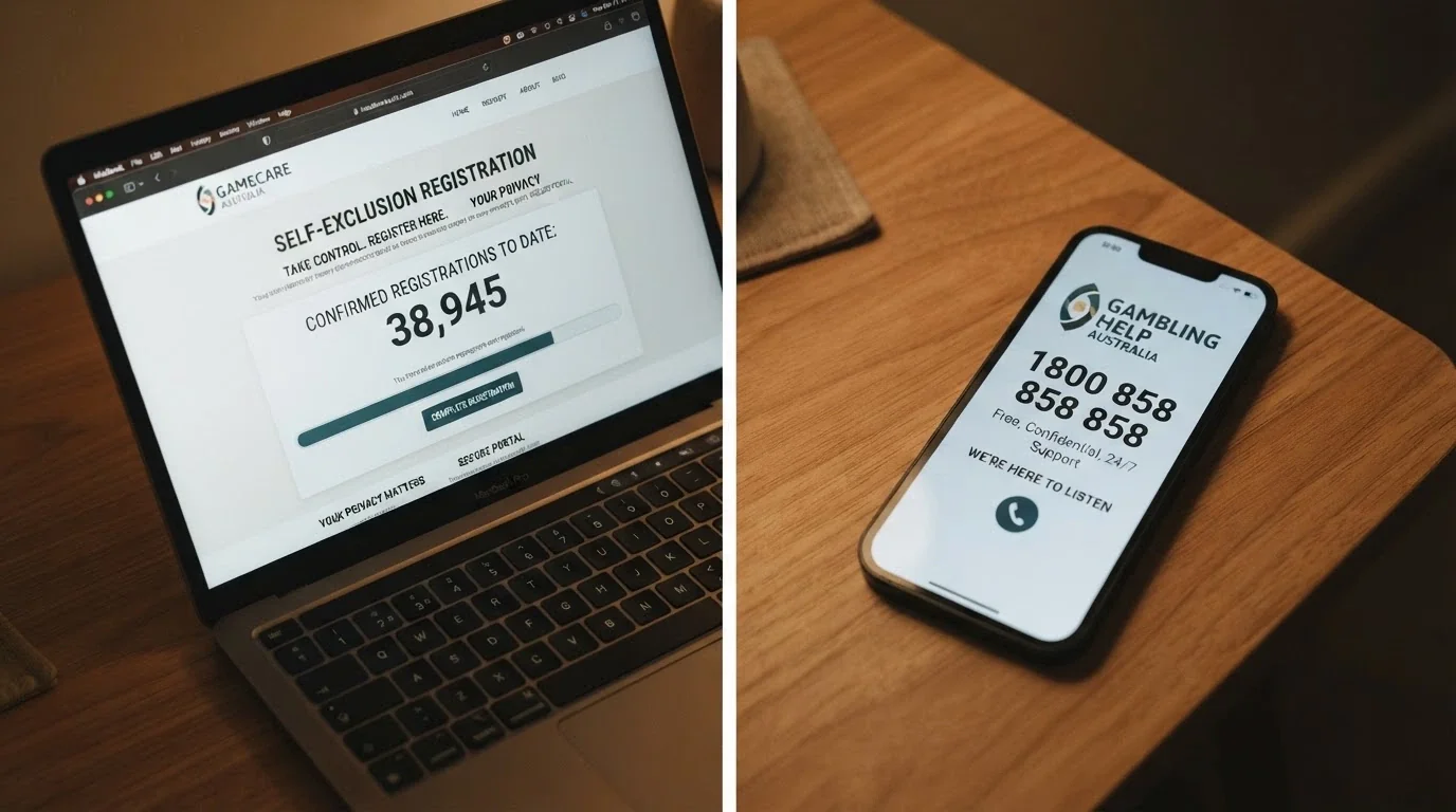 A split-screen composition: on the left, the BetStop logo and registration count (67,480); on the right, a phone displaying the 1800 858 858 helpline number