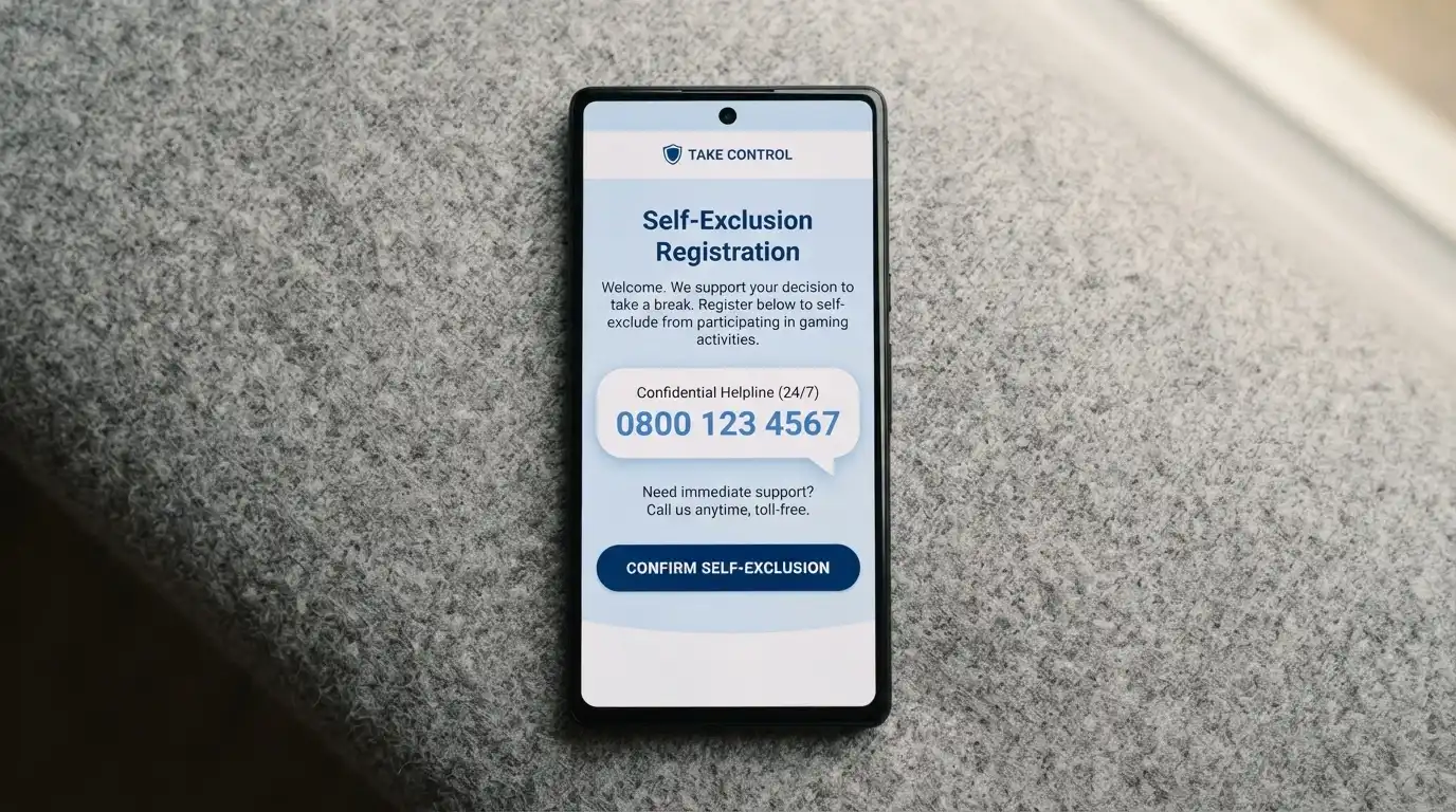 A mobile screen showing the BetStop registration page with the National Gambling Helpline number 1800 858 858 displayed prominently in a callout box
