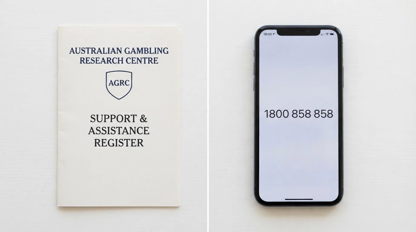 A split composition showing the BetStop National Self-Exclusion Register logo beside a phone displaying the National Gambling Helpline number 1800 858 858 on screen