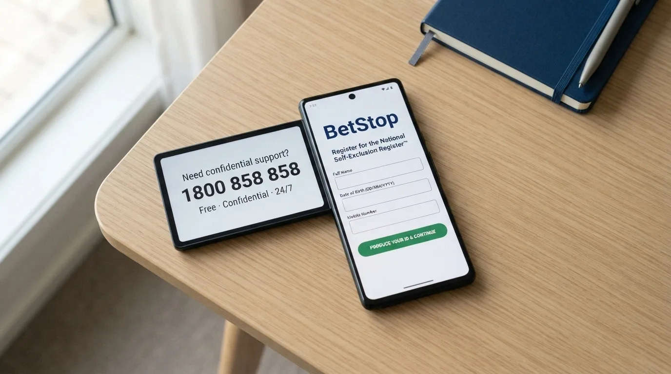 A smartphone screen displaying the BetStop registration page beside the Gambling Help Online homepage with the 1800 858 858 helpline number prominent