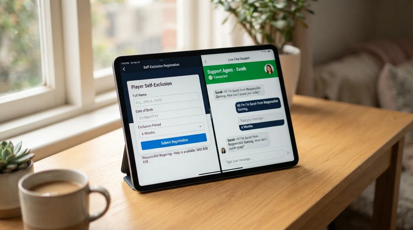 An iPad displaying the BetStop registration page alongside the Gambling Help Online chat window in Split View