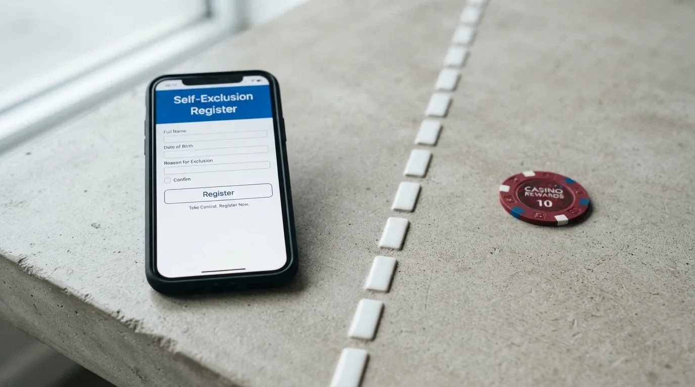 The BetStop National Self-Exclusion Register homepage on a phone screen, with an offshore casino logo visibly disconnected on the other side of a dashed line