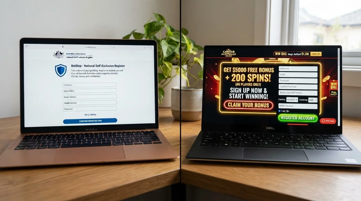 A split-screen comparison showing a BetStop registration screen on one side and an unregulated offshore casino sign-up form on the other