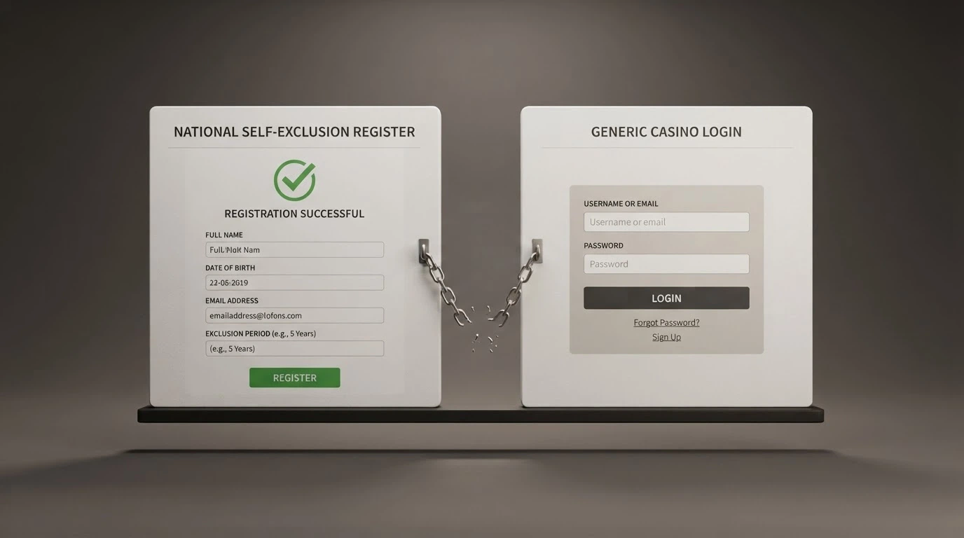 A BetStop registration screen beside an offshore casino login, with a broken chain between them labelled “no connection”