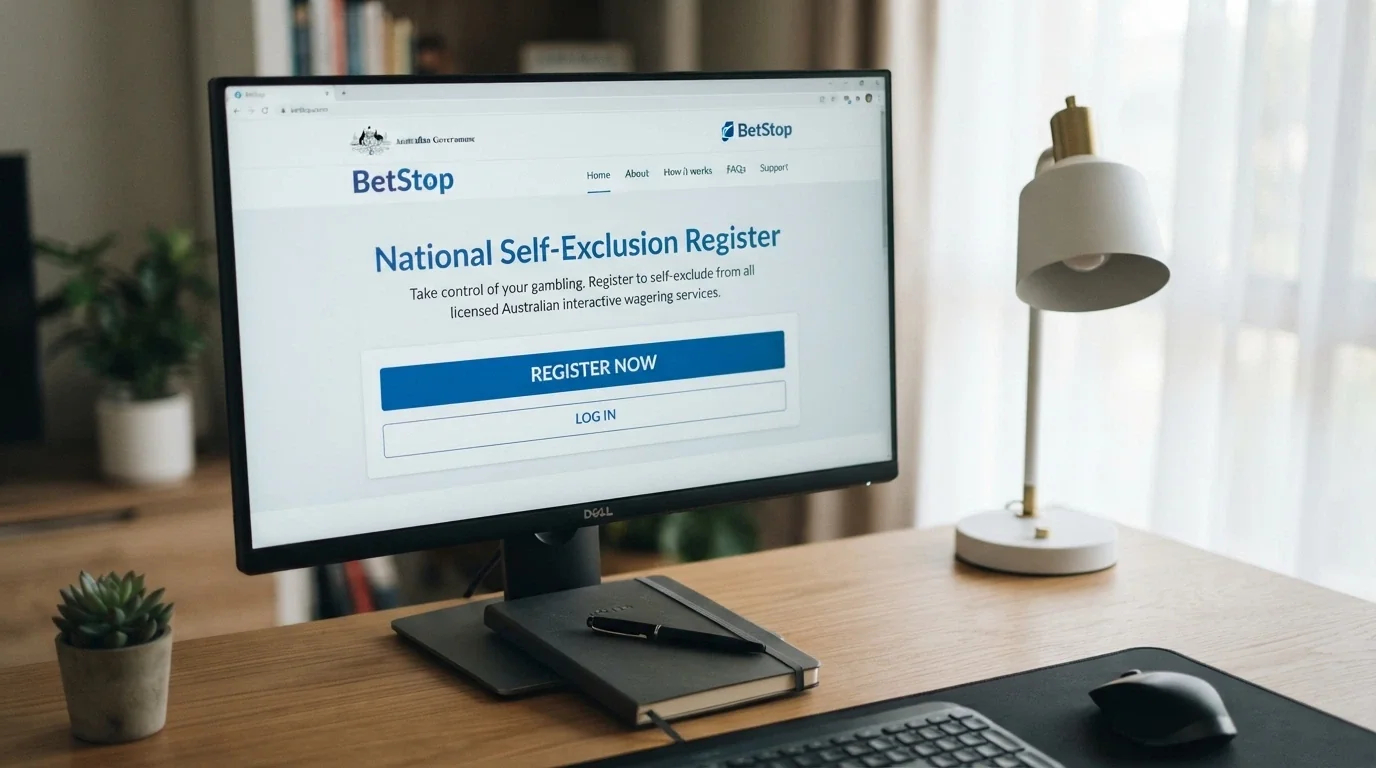 A computer screen displaying the BetStop National Self-Exclusion Register homepage with registration options visible