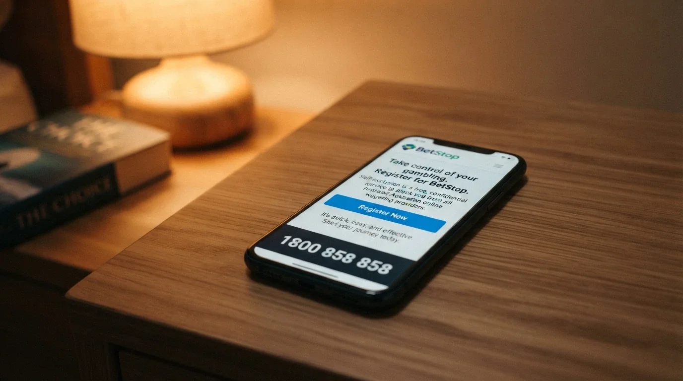 The BetStop National Self-Exclusion Register homepage on a smartphone screen, with the registration button prominent and the 1800 858 858 helpline number visible