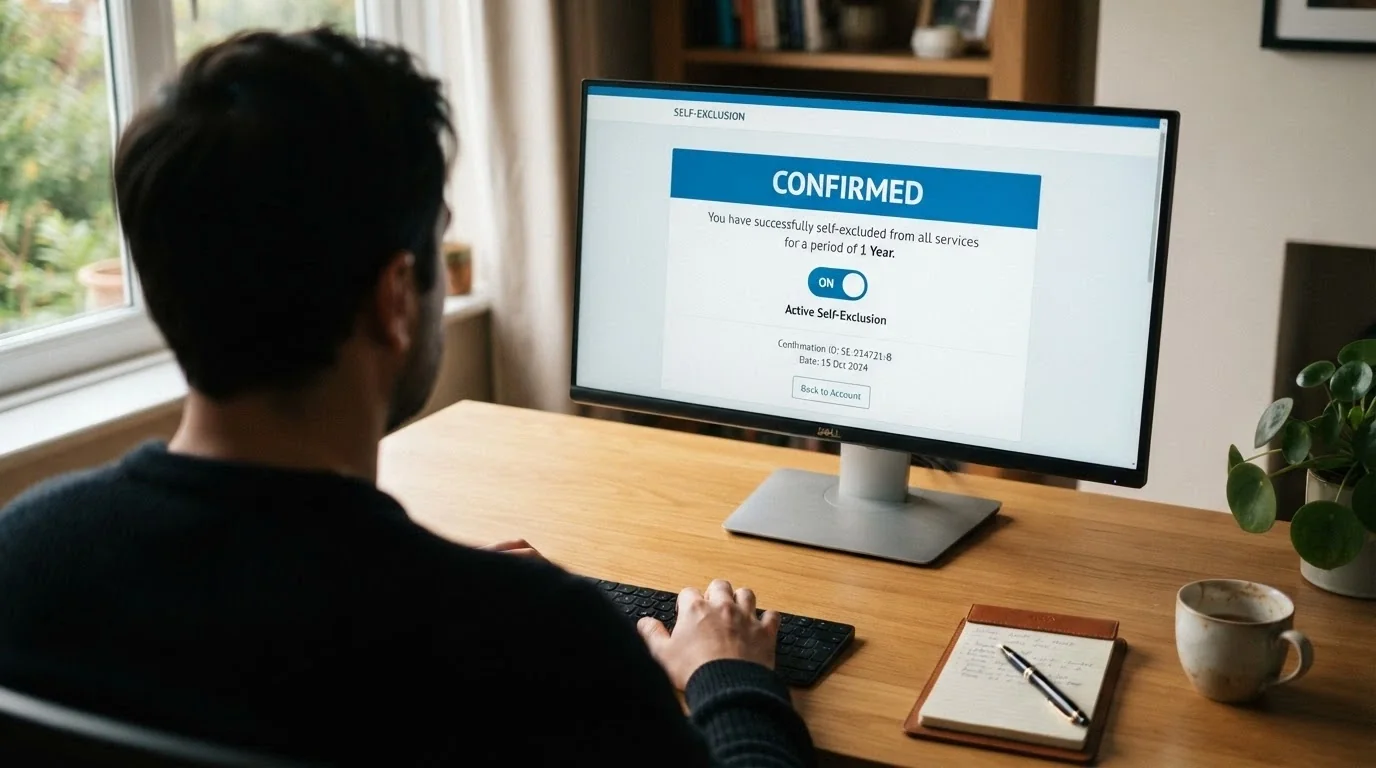 A desktop screen showing the BetStop National Self-Exclusion Register landing page with the registration button and a helpline number visible