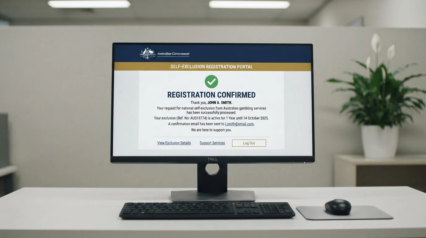 A government-styled web interface for the BetStop National Self-Exclusion Register with a registration confirmation message on screen