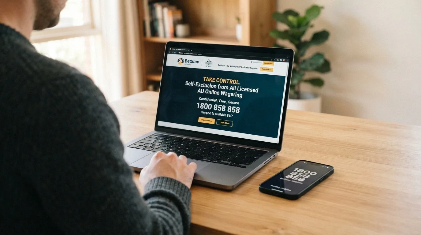 The BetStop National Self-Exclusion Register homepage on a laptop screen, with the 1800 858 858 helpline number visible on a phone beside it