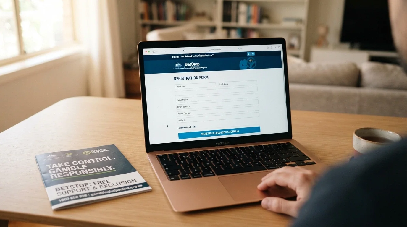 The BetStop.gov.au homepage on a laptop screen, with the National Gambling Helpline number visible beside it