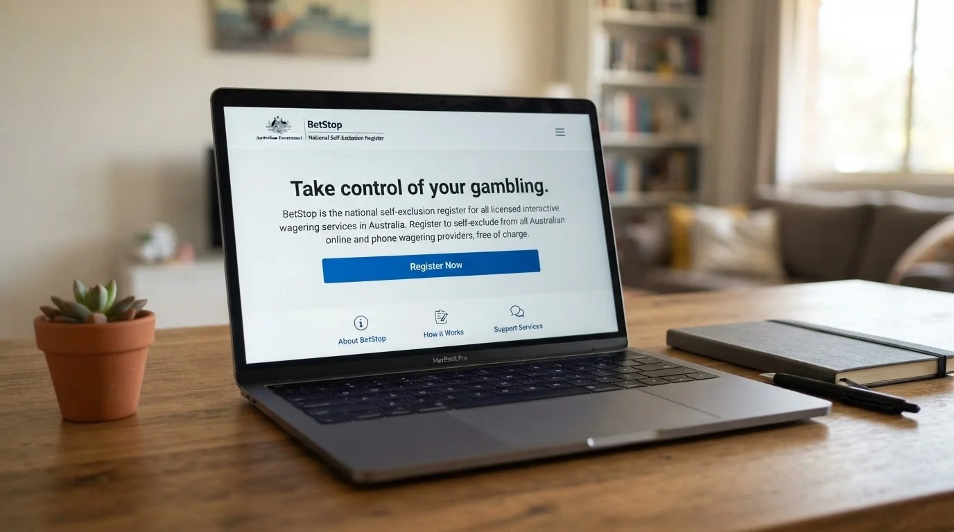 A laptop screen showing the BetStop national self-exclusion register landing page for Australian players