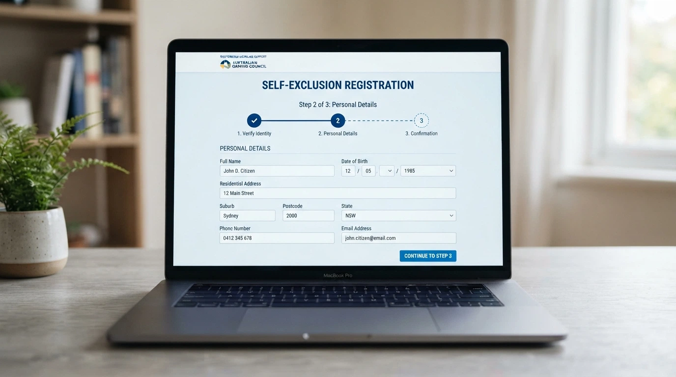 A clean web interface showing the BetStop National Self-Exclusion Register sign-up page with a progress bar at step two of three