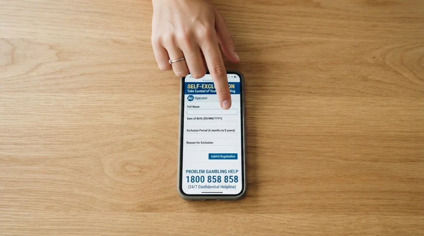 A responsible-gambling support screen showing a self-exclusion registration form and a 24/7 helpline number