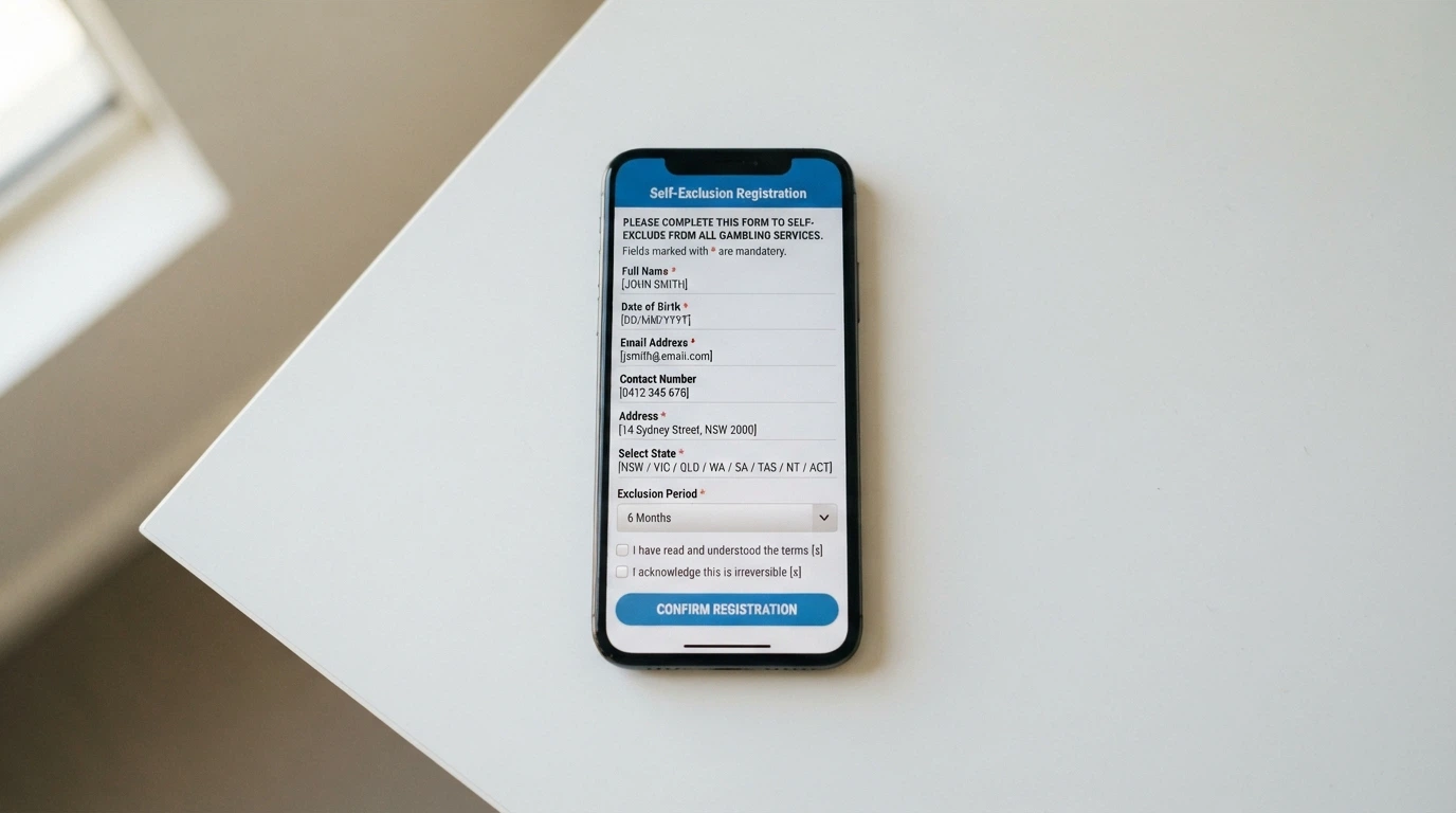 A phone showing a self-exclusion registration form