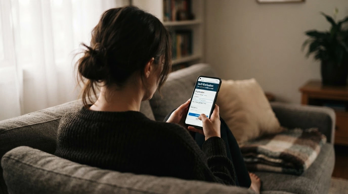 A person holding a phone with a concerned expression, the screen displaying a responsible-gambling self-exclusion registration form