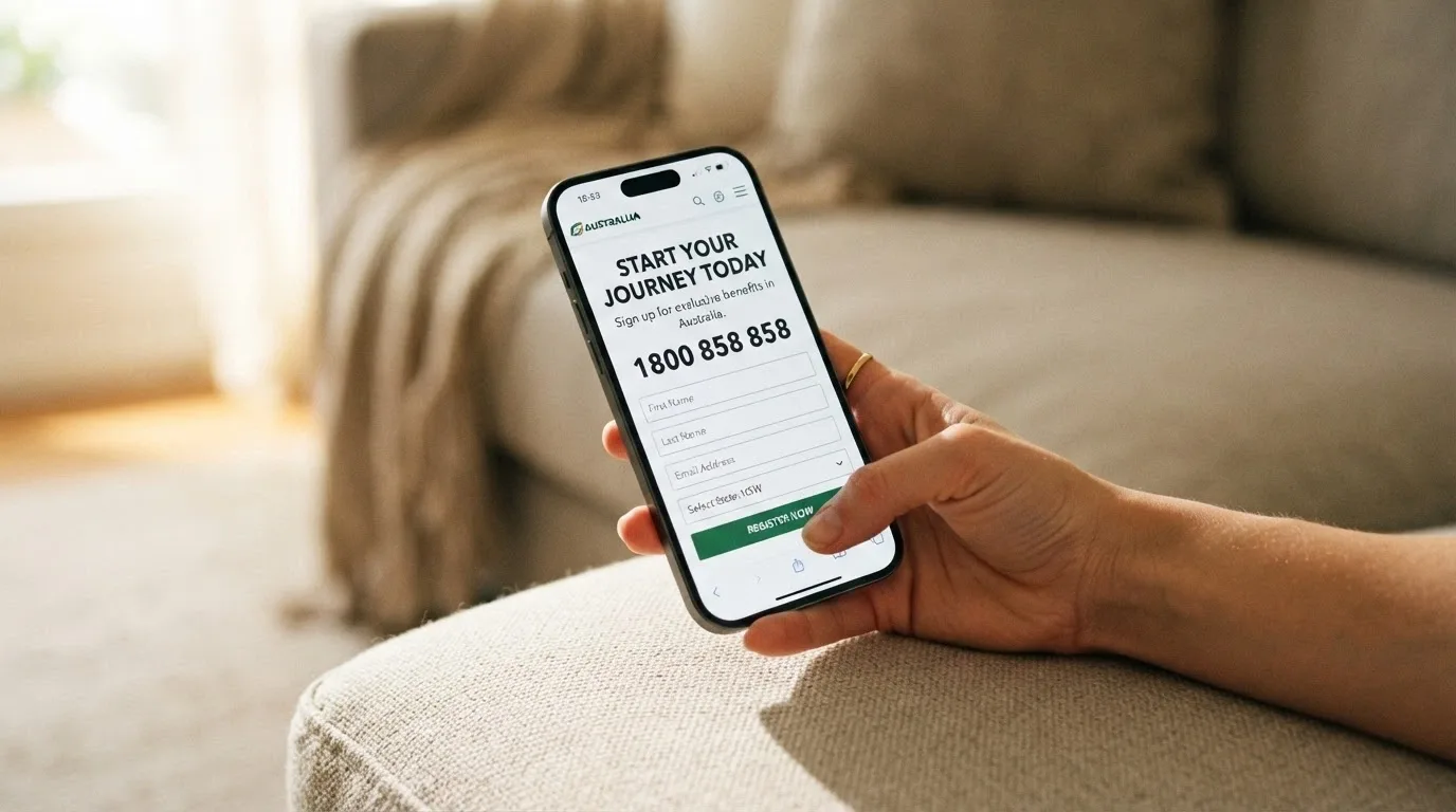 A smartphone screen showing the BetStop registration landing page with the National Gambling Helpline number 1800 858 858 visible