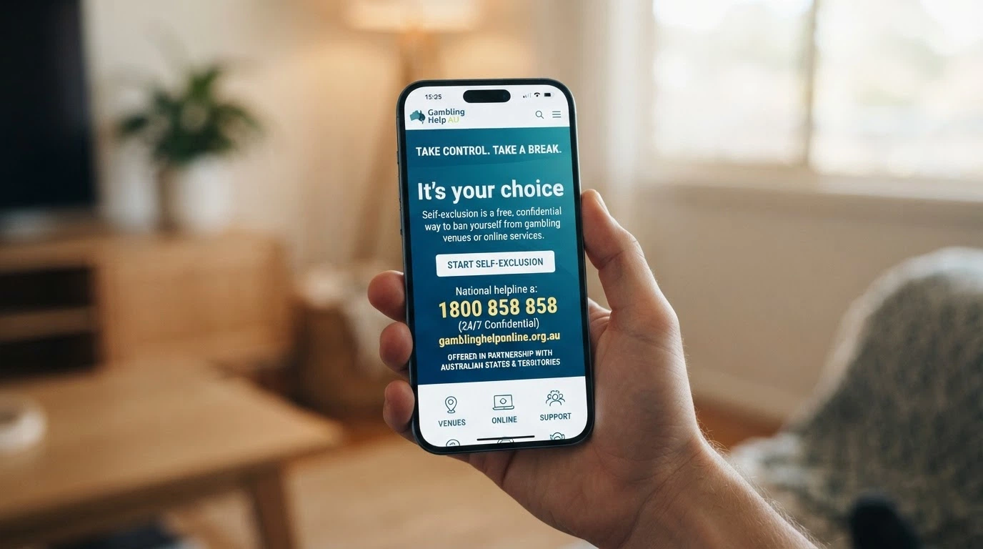 A phone screen showing the BetStop National Self-Exclusion Register landing page with the tagline “It's your choice” and the 1800 858 858 helpline number prominently displayed