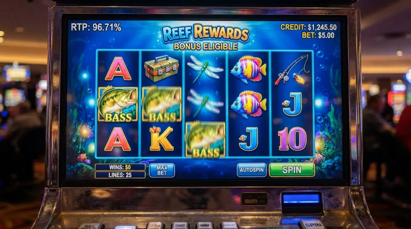 The Big Bass Bonanza slot reels in play with the 96.71% RTP displayed as an overlay