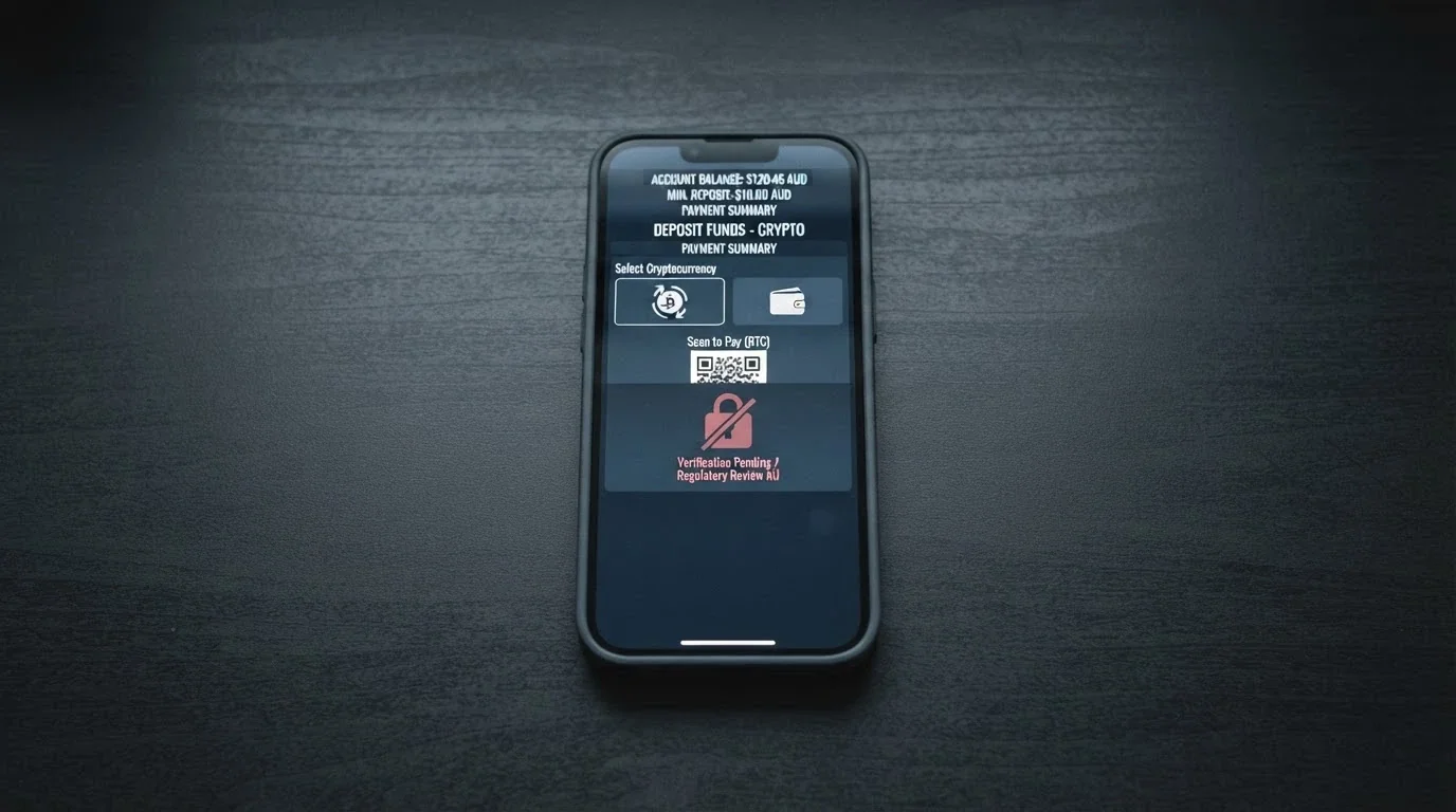 A cryptocurrency wallet QR code beside a casino deposit screen showing Bitcoin and Tether options, with a padlock icon crossed out