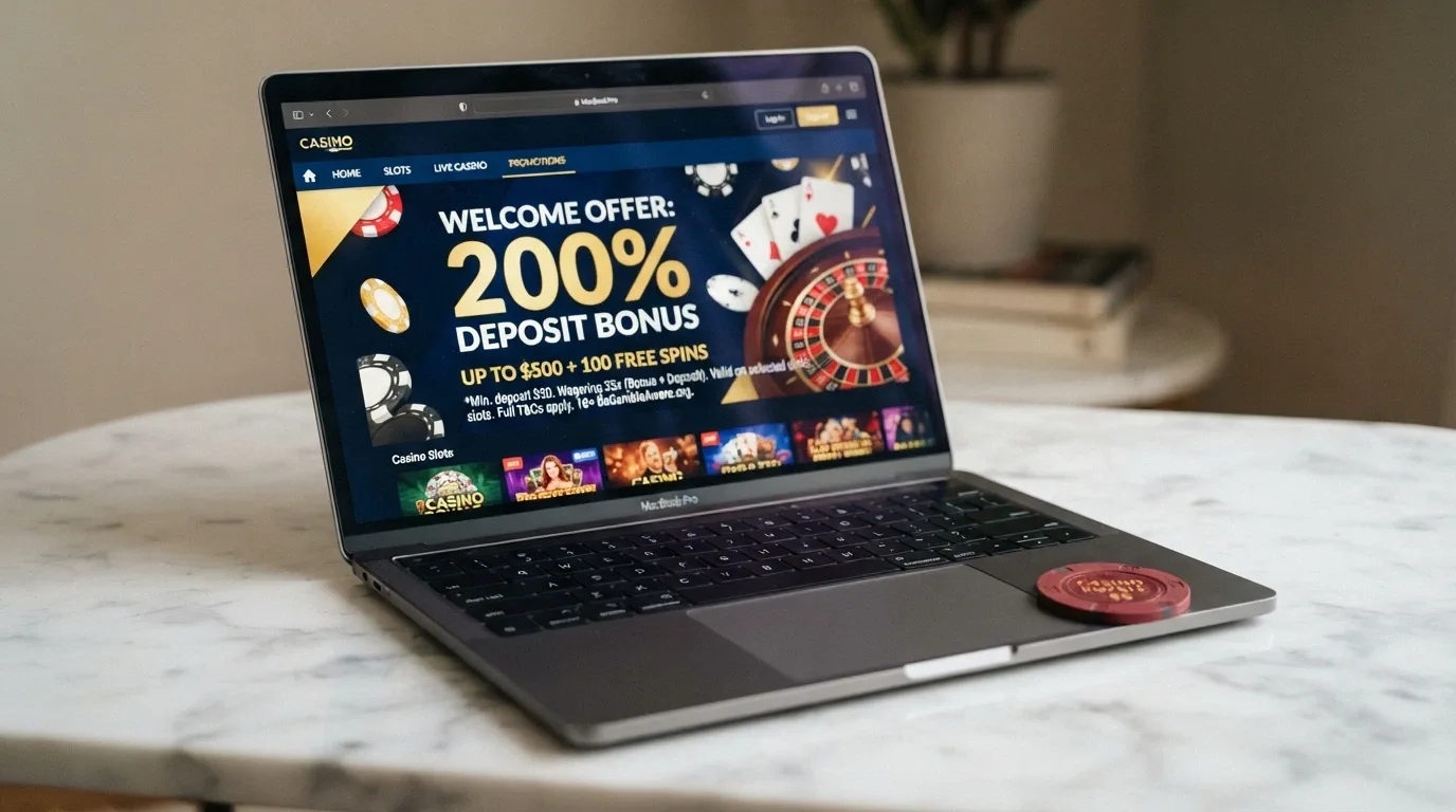 A casino promotions page displaying a 200% deposit-match offer with wagering-requirement terms visible in the fine print below