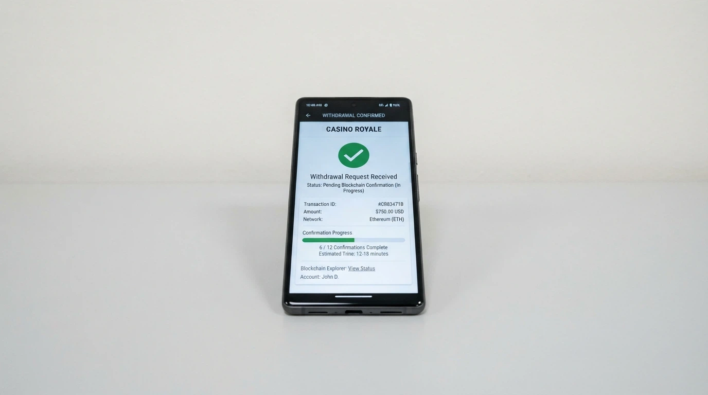 A smartphone displaying a casino withdrawal confirmation screen next to a blockchain transaction status showing confirmations in progress