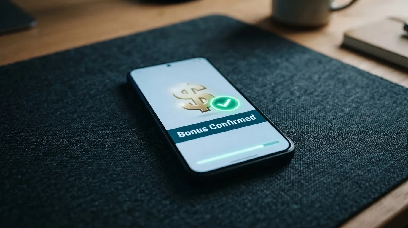 A smartphone showing a cryptocurrency deposit confirmation screen with a welcome bonus banner