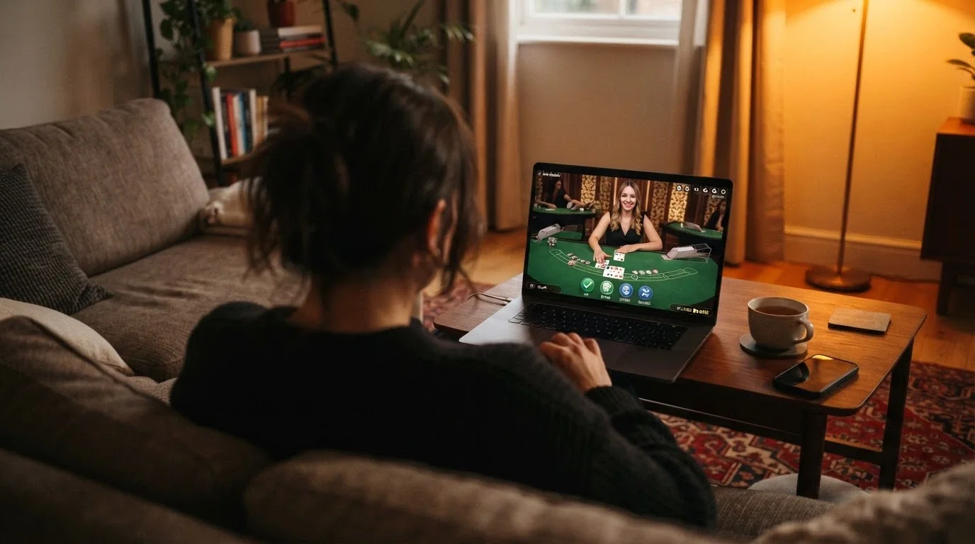 A live-dealer blackjack table streamed to a laptop screen with a crypto balance display visible in the corner of the interface