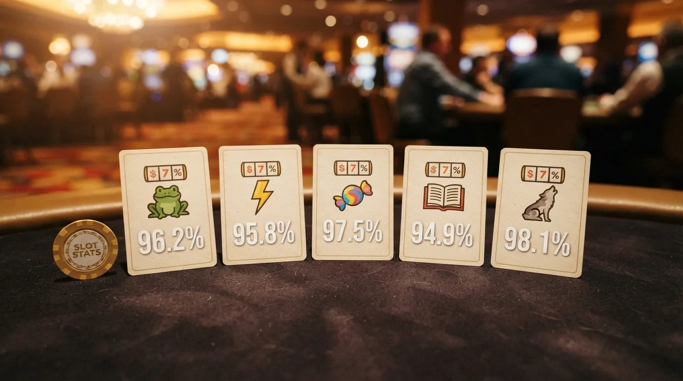 A row of five slot-title cards showing Elvis Frog in Vegas, Gates of Olympus, Sweet Bonanza, Book of Dead and Merge Up with their RTP percentages beneath each