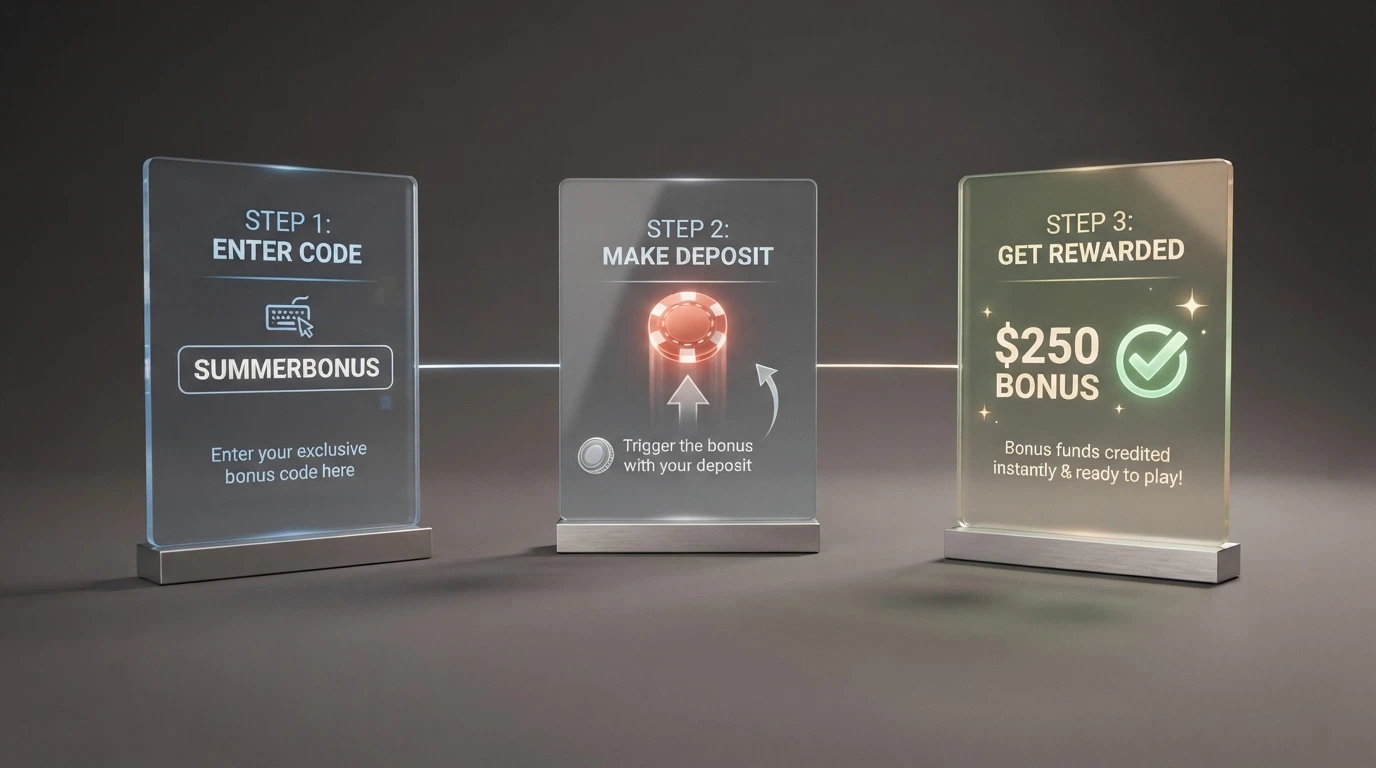 A three-step illustrated flow from entering a promo code in a casino sign-up form to seeing bonus funds credited in an account balance