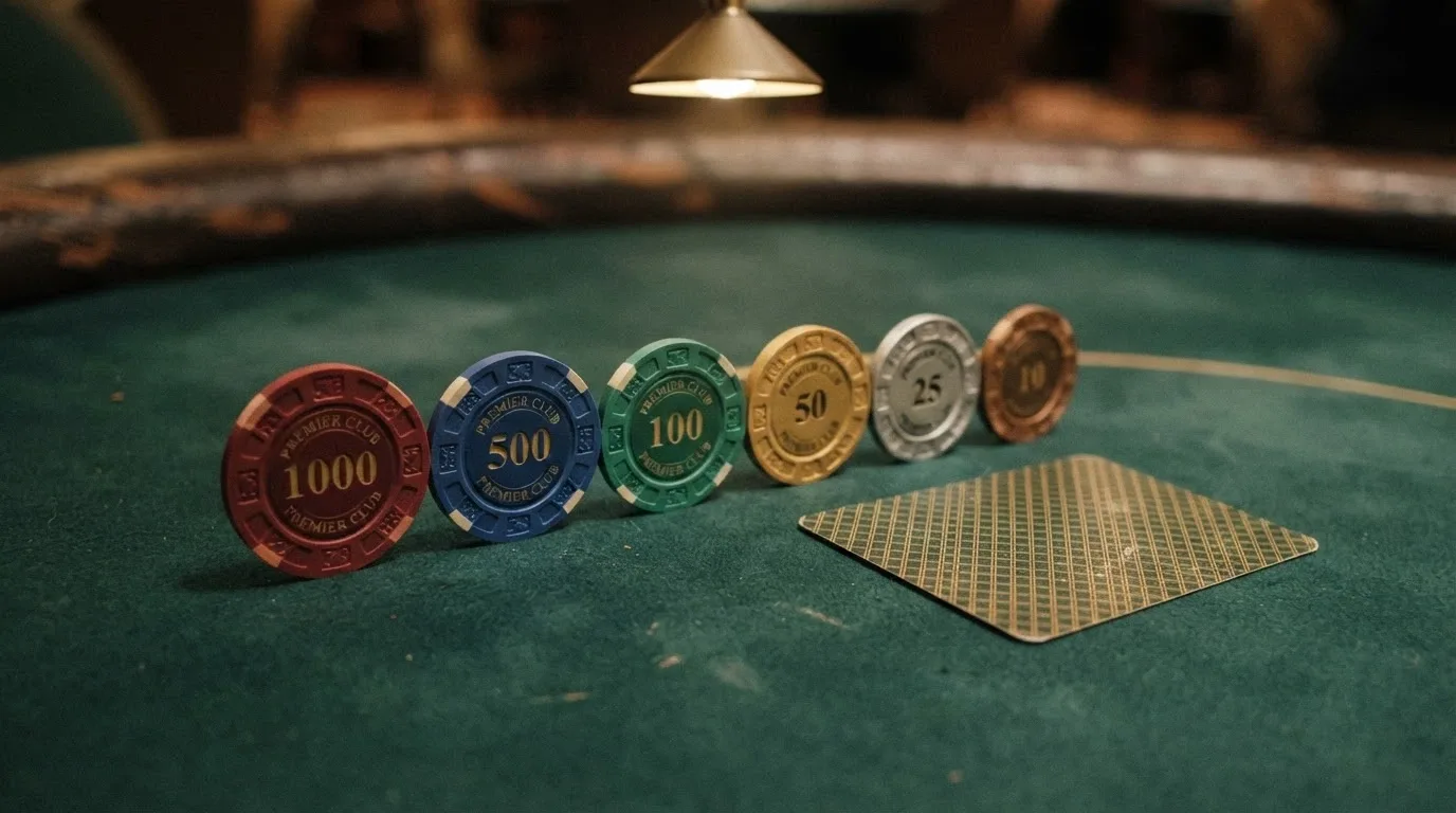 A set of casino-branded chips or cards arranged in ranked order on a felt table