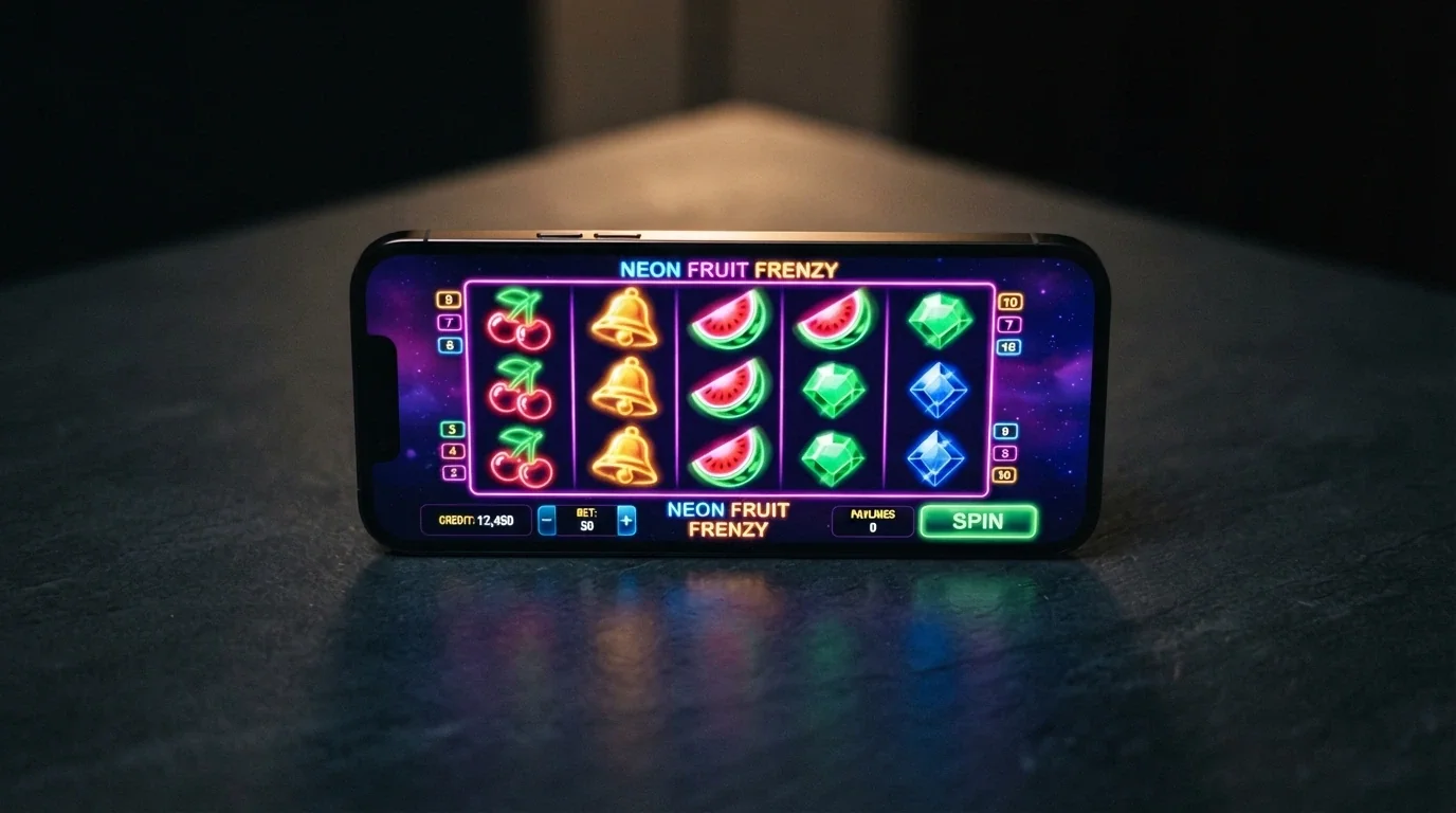 Colourful online pokie reels spinning with fruit and gem symbols visible on a smartphone screen