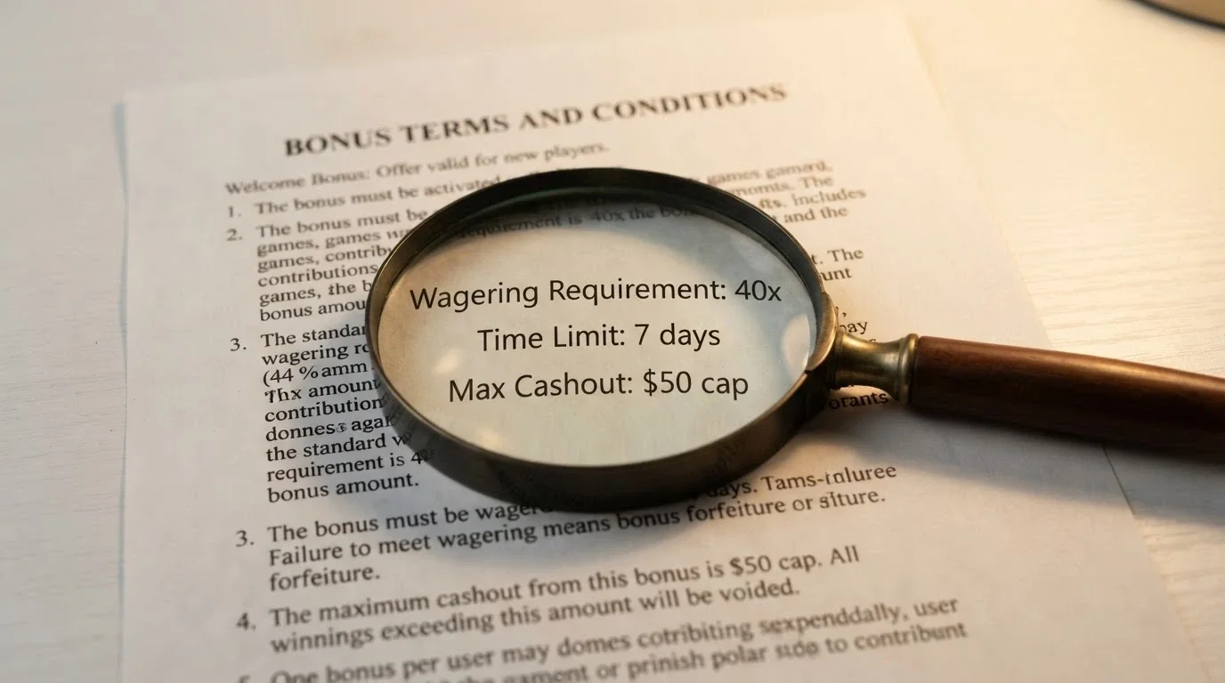 A magnifying glass held over printed bonus terms and conditions, with key figures — 40x, 7 days, $50 cap — highlighted in the text