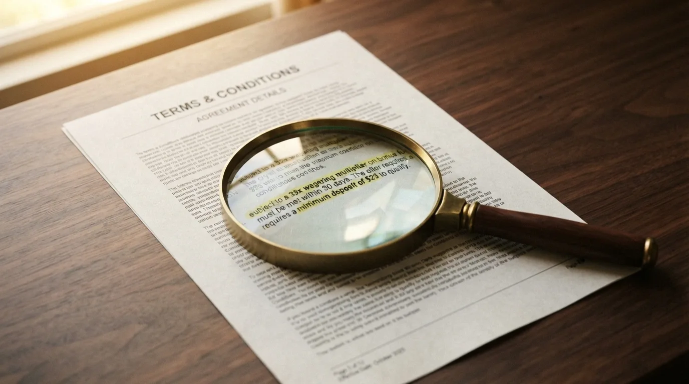 A magnifying glass held over casino bonus terms and conditions, highlighting the wagering requirement and minimum-deposit clauses in fine print