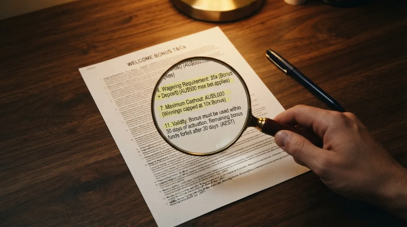 A close-up of bonus terms and conditions text with a magnifying glass highlighting the wagering-requirement, max-cashout and validity clauses