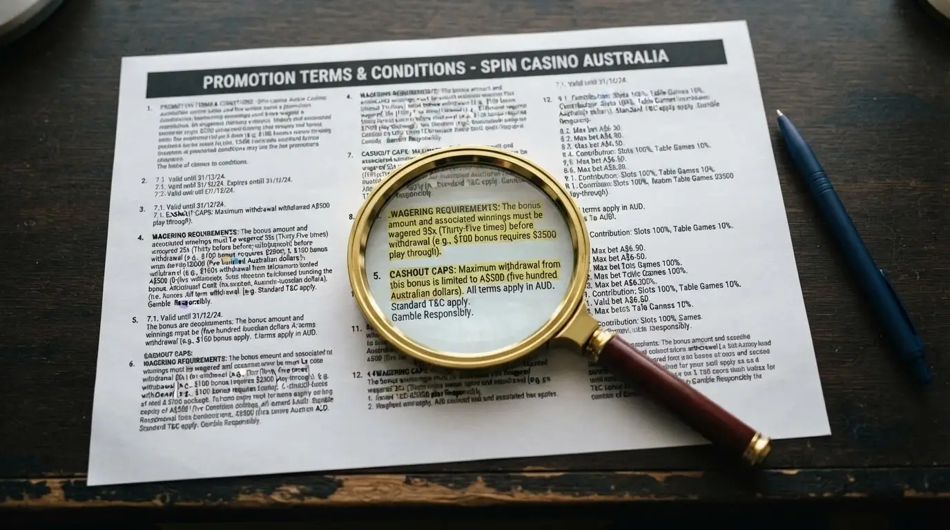 A close-up of casino bonus terms and conditions printed in small type, with a magnifying glass over the wagering requirement clause