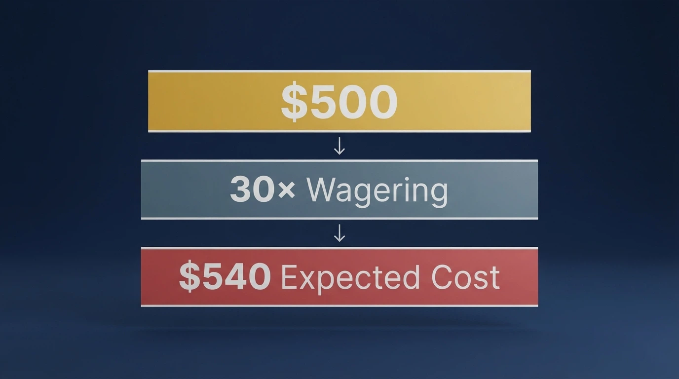A simplified visual breaking down a A$500 bonus into three stacked layers: the face value, the wagering multiple, and the expected cost after house edge